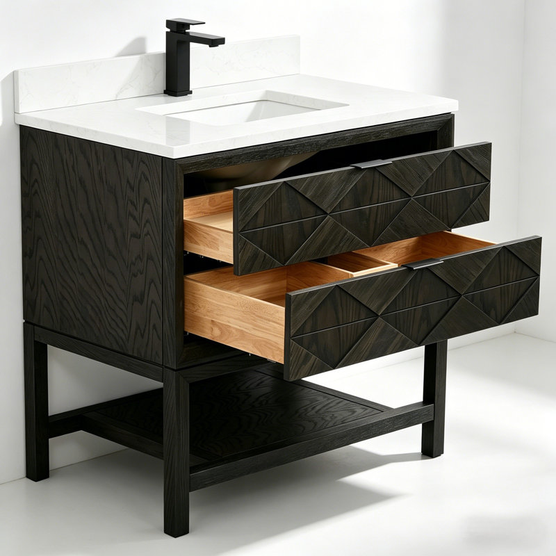 36" Transitional Medium Wood Bathroom Vanity with Engineered Marble Top, Brown