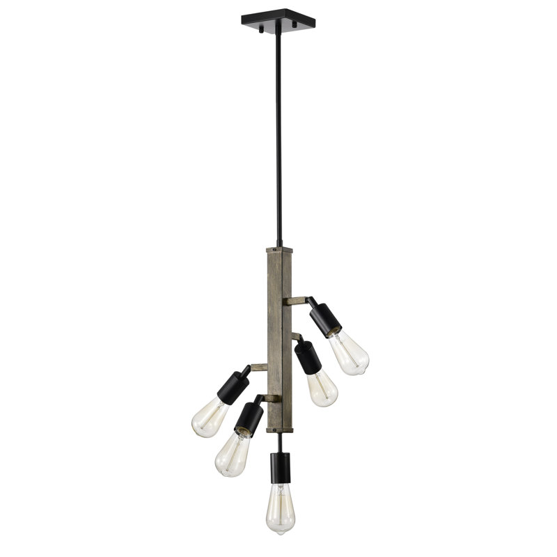 Matte Black and Wood Grain 5-Light Tiered Chandelier