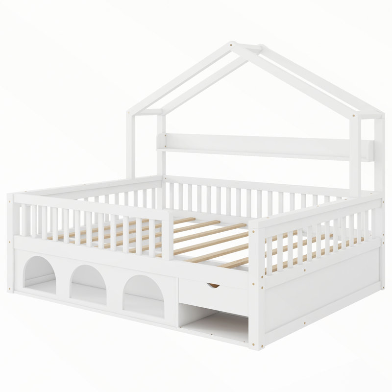 Cadre de lit cabane avec barrières de sécurité, rangement sous le lit et éclairage, Double, Blanc