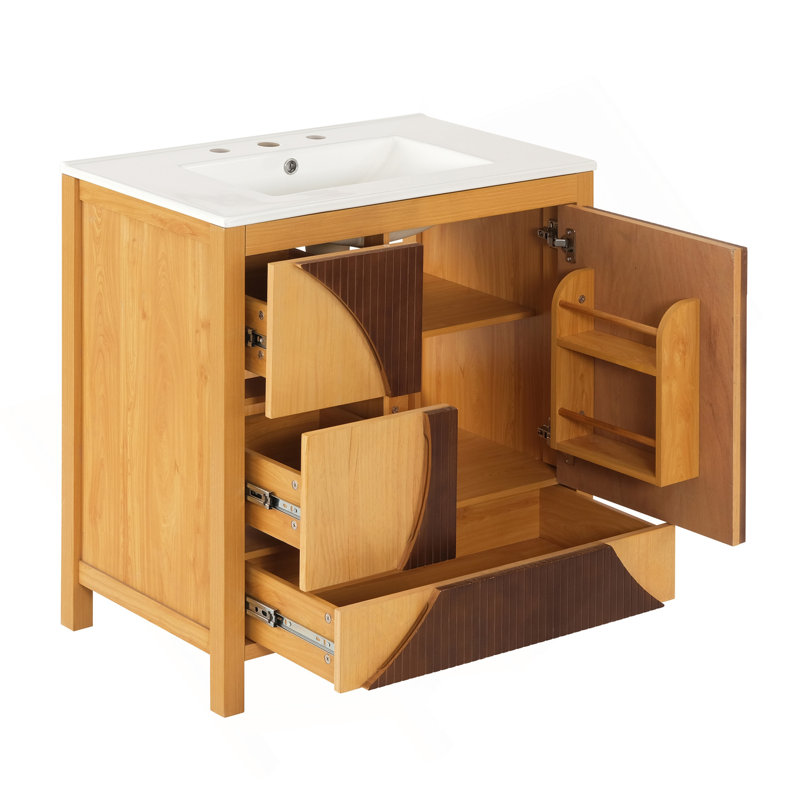 Meuble-lavabo de style moderne Mid-Century 30 po avec lavabo - Armoire autoportante en bois artistique avec 3 tiroirs et porte à fermeture en douceur, panneau à cannelures bicolore