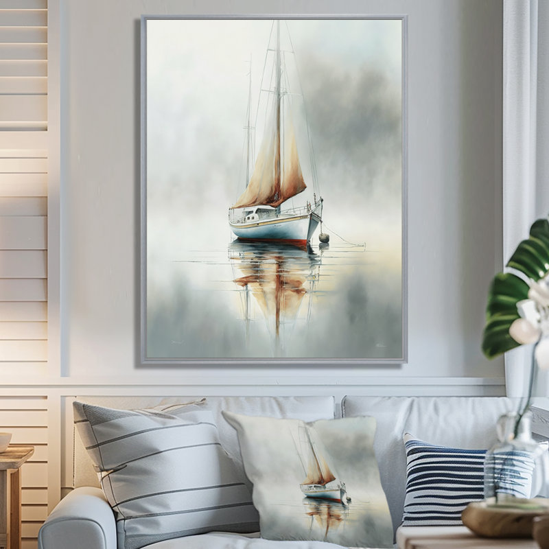 Bateau sur le lac II - impressions encadrées de bateau côtier, H 32 po x l 24 po, Silver Floater Framed