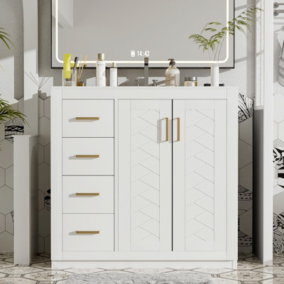 Ensemble de meuble-lavabo 36 po avec lavabo en céramique, armoire de rangement en bois massif, ensemble de meuble-lavabo autoportant avec 3 tiroirs et portes à fermeture douce