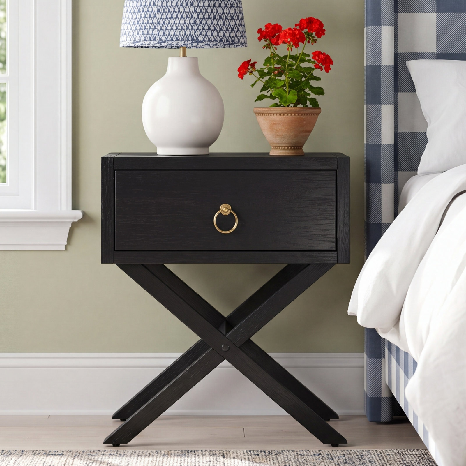 Elin 1-Drawer Acacia Nightstand, Navy Blue