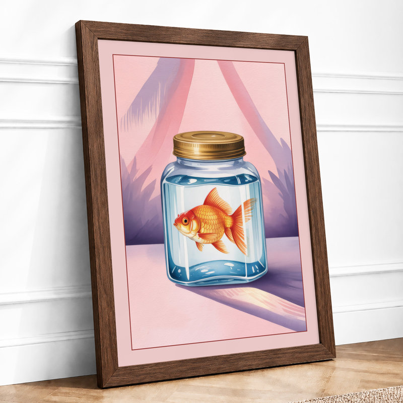 Goldfish in Ribbons Minimalist - Framed Print, A4 - 29.7 x 21.0 cm, Walnut