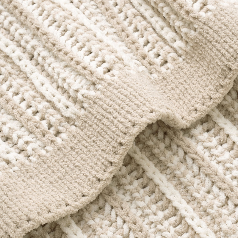 Jeté en chenille tricoté Amélie Home pour canapé, lit et salon, Beige / Blanc