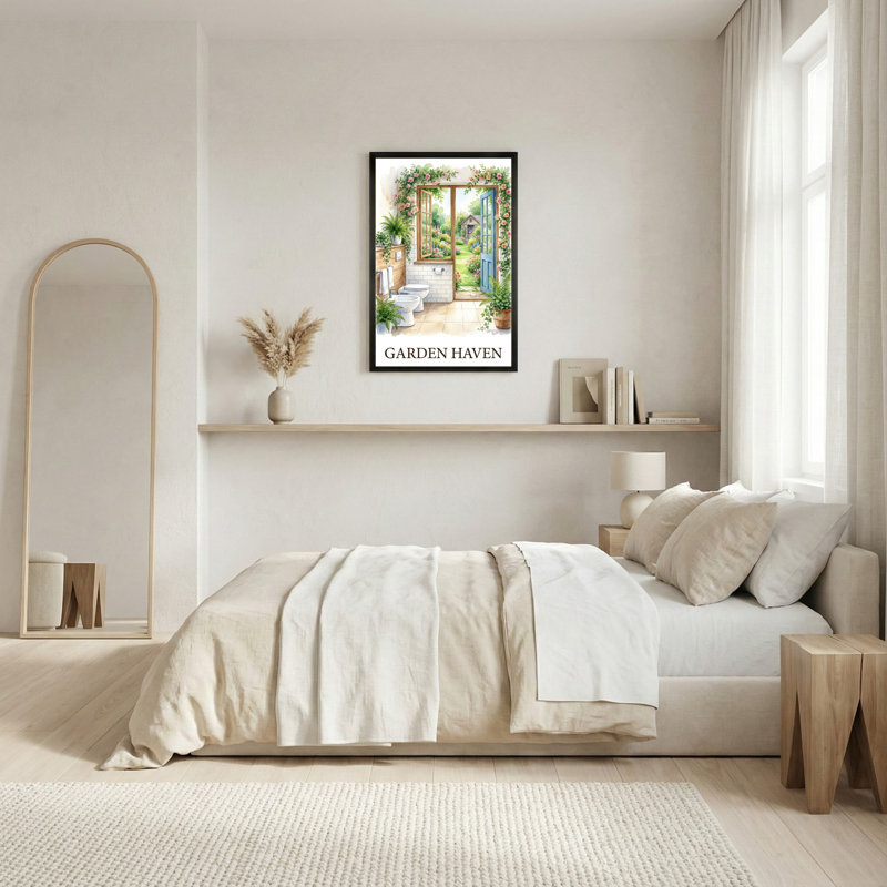 Tableau aquarelle représentant une scène de salle de bain dans un jardin (lot de 1), H 24 po x l 16 po