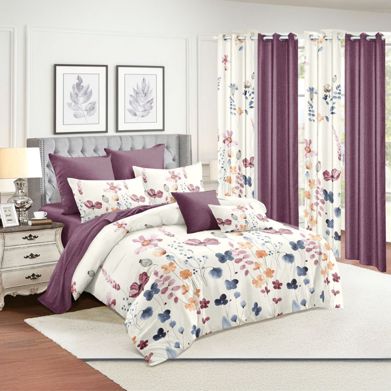 Ensemble de literie et de rideaux à motif floral aquarelle 9 pièces pour très grand lit californien - Couvre-lit en microfibre matelassée + voilages