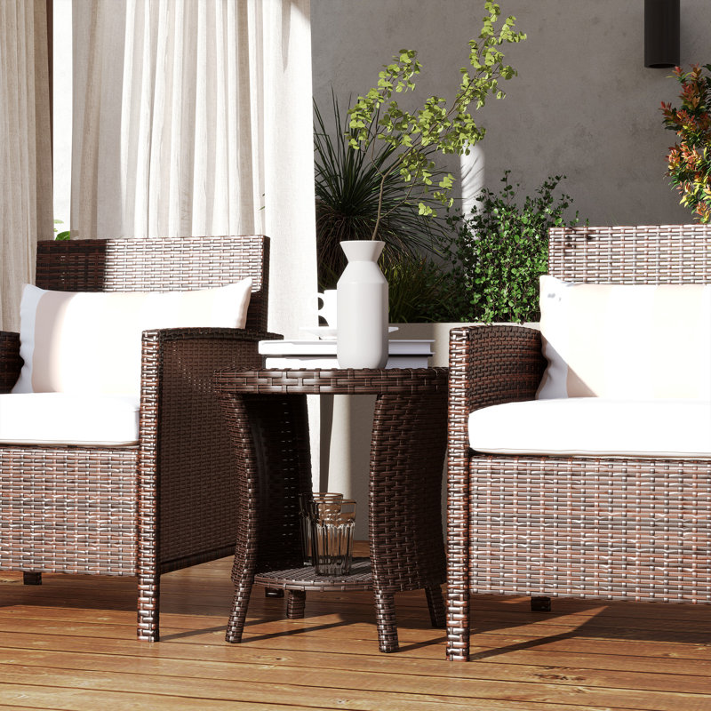 18" Wicker Outdoor Coffee Table, 2-Tier Patio Side Table, Brown, Brown, Brown