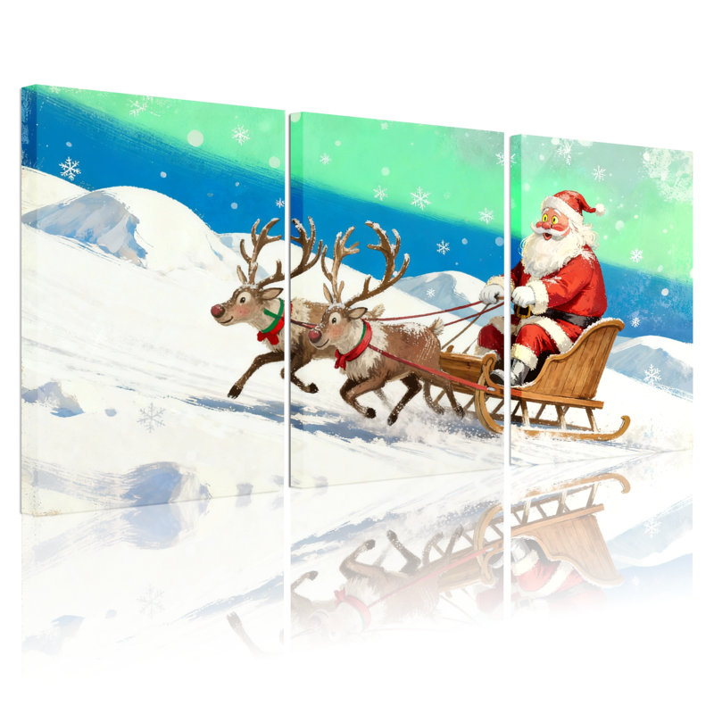 Noël, père Noël, renne, traîneau, paysage enneigé, scène de Noël, merveille d'hiver, ensemble de 3 impressions sur toile