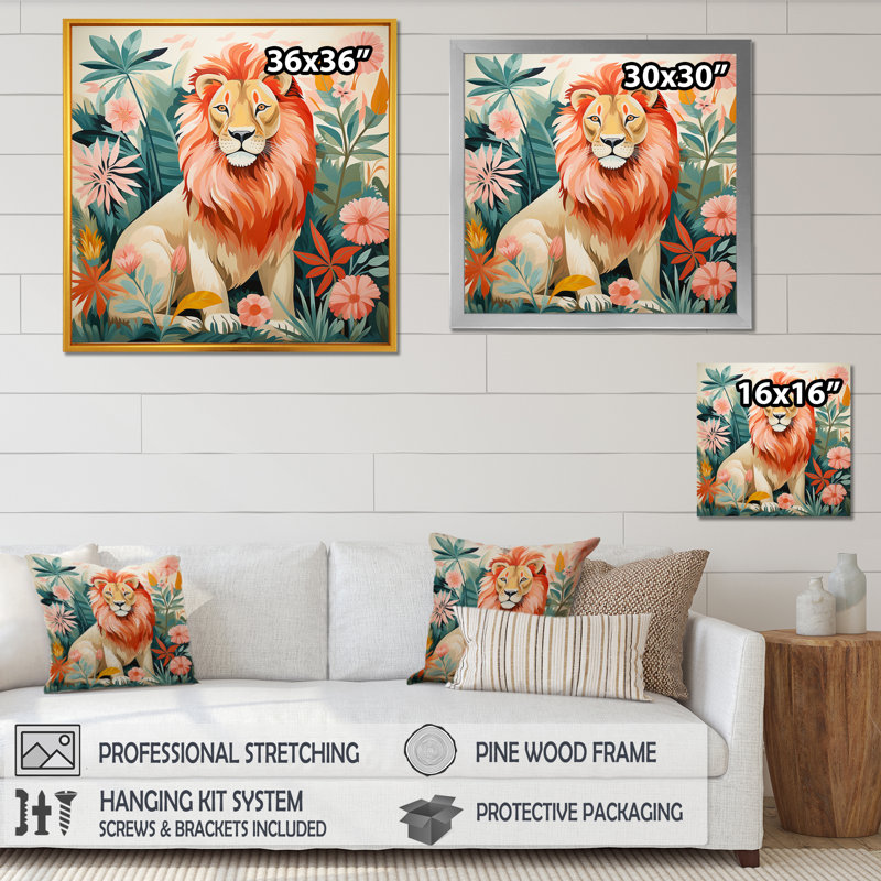 Décoration murale lion rose et vert en forêt I - Lion, Encadrement doré, H 36 po x l 36 po x P 1,5 po