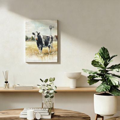 Gray Farm Cow Farmhouse Rustic Picture Country Windmill Meadow Landscape Canvas Solid Wood Frame Support Wall Art,16" X 24"
