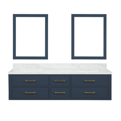 Blue Double Bath Vanity 72 In. W X 22 In. D, Carrara Marble Top, And 34 In. Mirrors