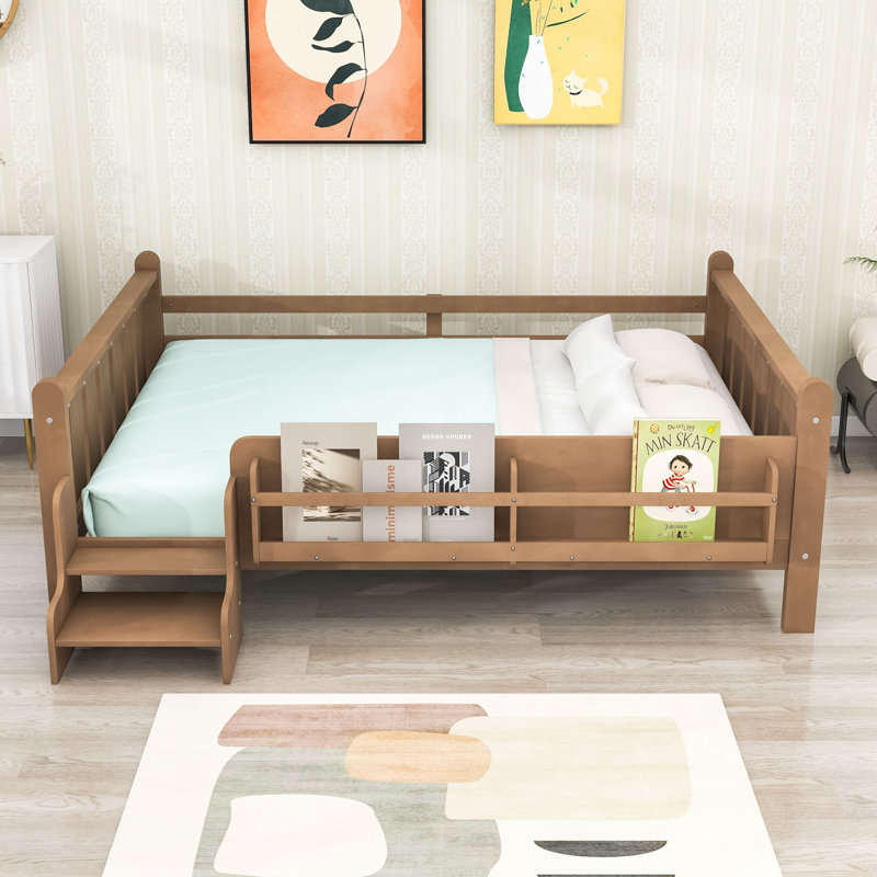 Lit plateforme en bois avec bibliothèques, garde-corps et lattes, Lit double, Naturel