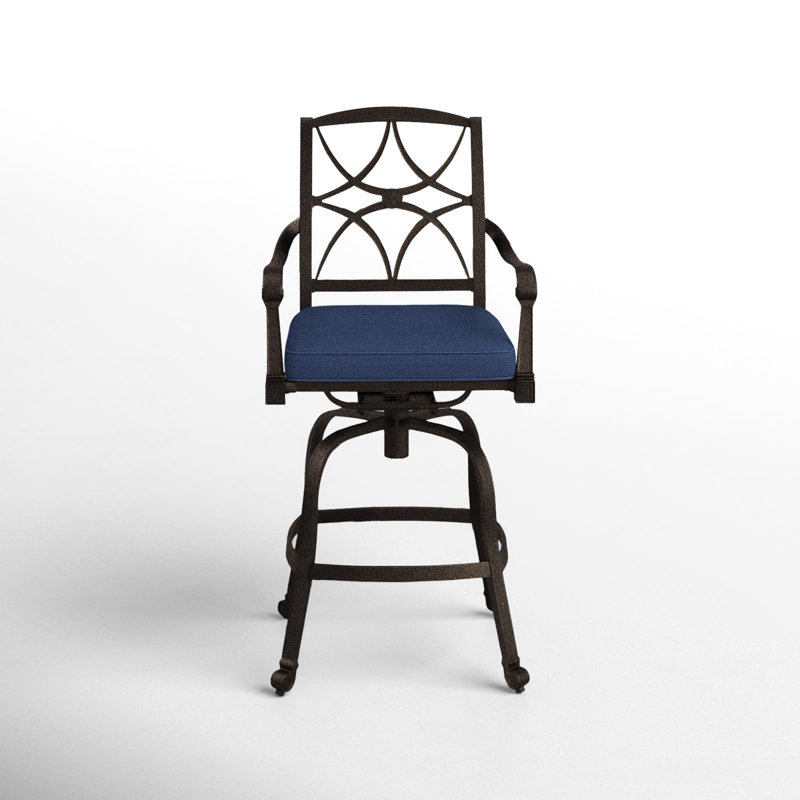 Wiltshire Outdoor Swivel Bar Stool, Canvas Navy Sunbrella® Canvas, Chestnut Brown, 30.25"