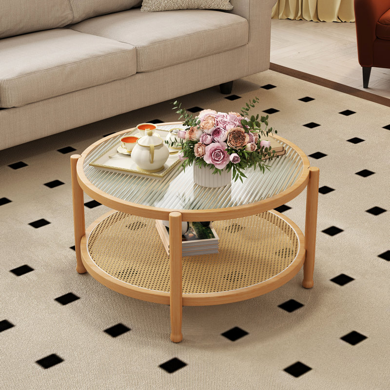 Bay Isle Home Round Rattan Coffee Table with Glass Top, Natural, 17.7"H x 31.5"W x 31.5" D