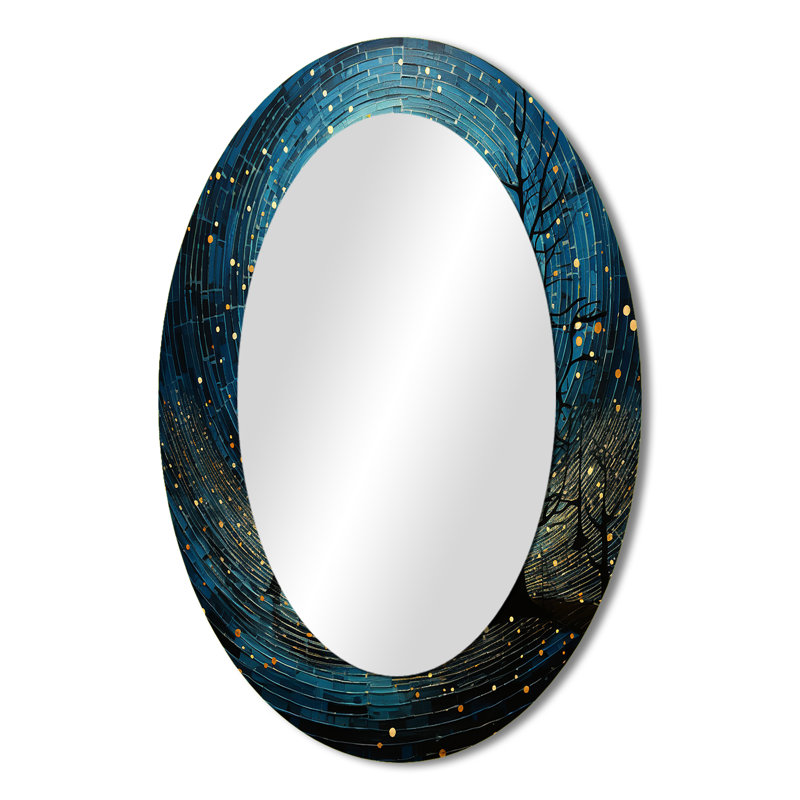 Miroir décoratif ovale abstrait bleu sur métal lune III, 36 po x 24 po