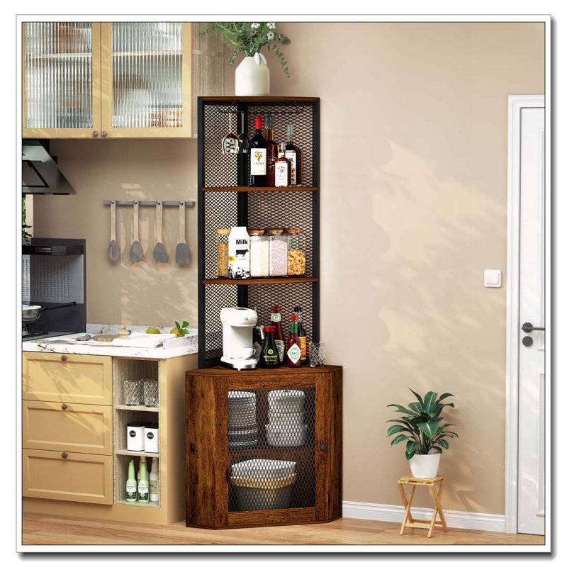 Tablette d'angle avec portes, support pour verres à vin et station de charge