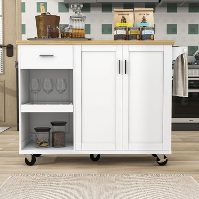 Kitchen Island with Expandable Countertop, Towel Rack, Drawer, and Rolling Wheels