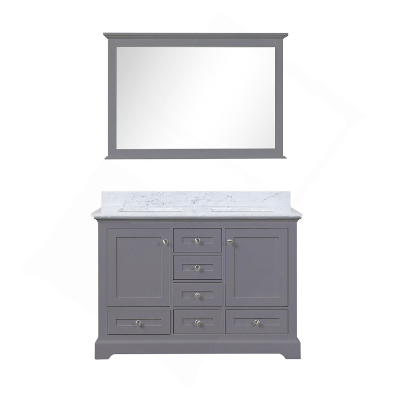 Meuble-lavabo double gris foncé 48 po X P 22 po D, plateau en marbre de Carrare et Miroir