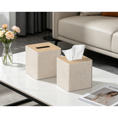 Boîte à mouchoirs carrée, paquet de 2 - Porte-mouchoirs en cuir PU pour salle de bain, chambre à coucher, salon, bureau (beige)