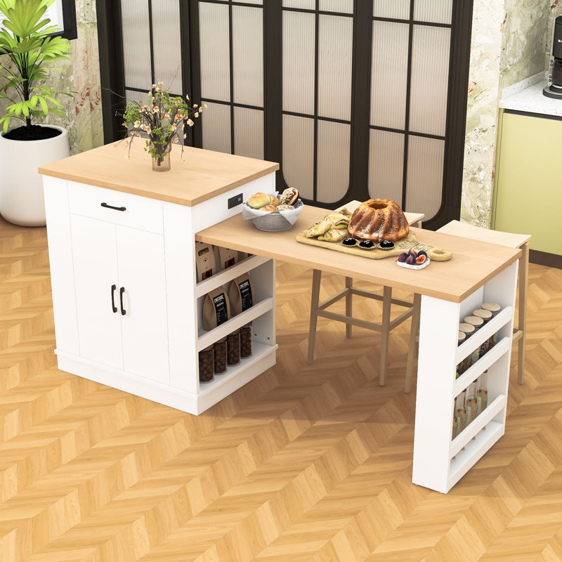 Élégant îlot de cuisine avec comptoir extensible, prises de courant, rangement spacieux et tablettes ouvertes, Blanc