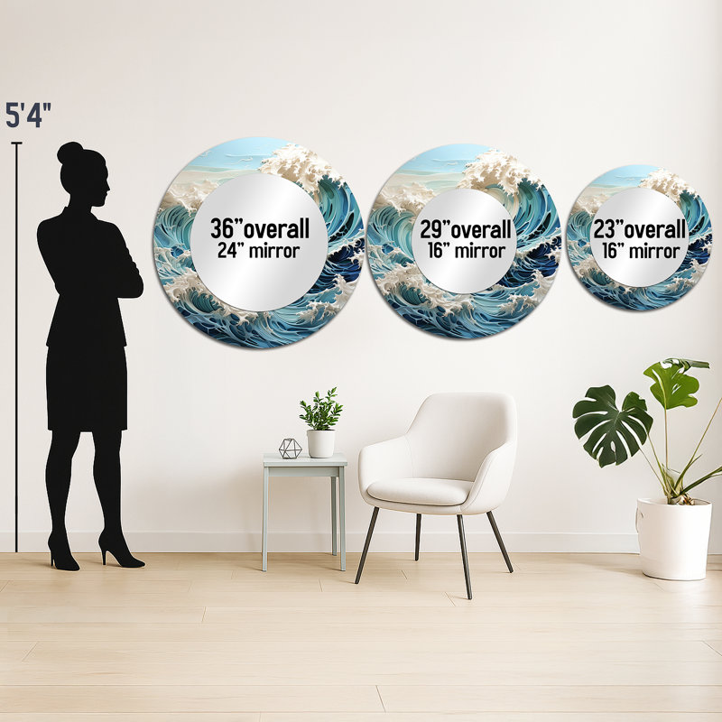 Blue Kinetic Waves I - grand miroir mural Kinetic Art, miroir rond bleu sarcelle, impression sur métal, 23 po x 23 po