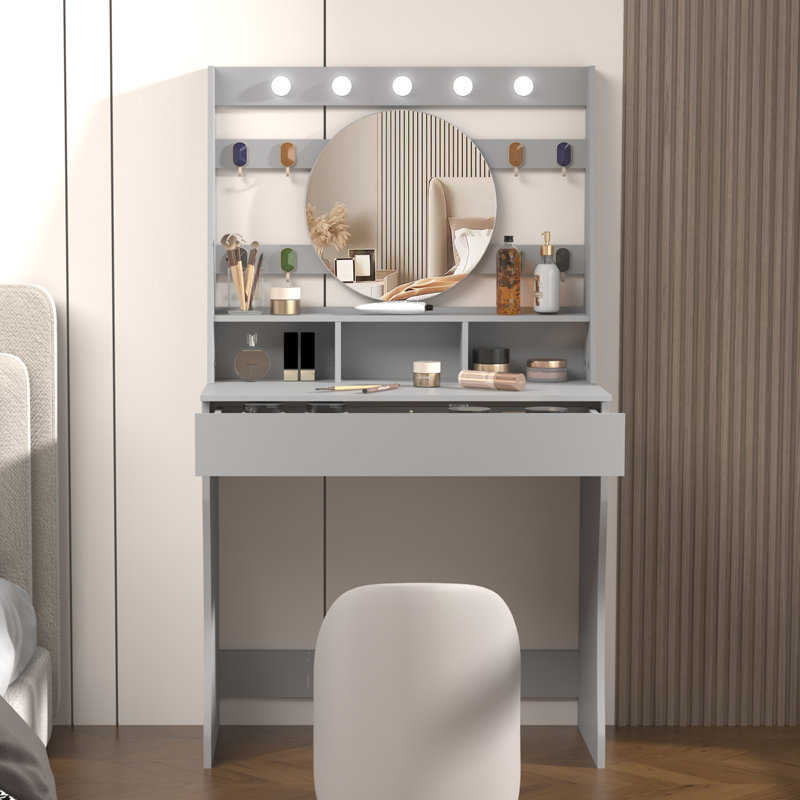 Tamme Dressing Table with Round Mirror, 80x40x140cm 3 Colors LED Light Vanity Table, Grey