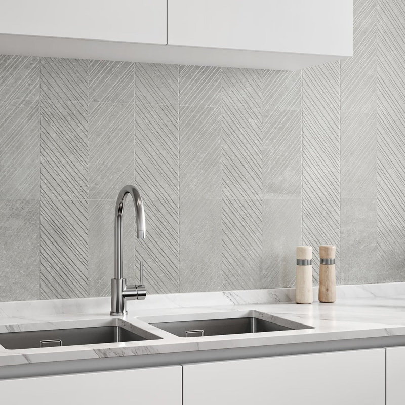 Stoneside Chevron 12x36 Textured Matte Ceramic Tile, Pearl Gray
