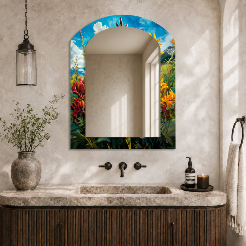 Miroir mural Botanical Arched - Blue Sky Wildflowers in Meadow I, 43" x 33"