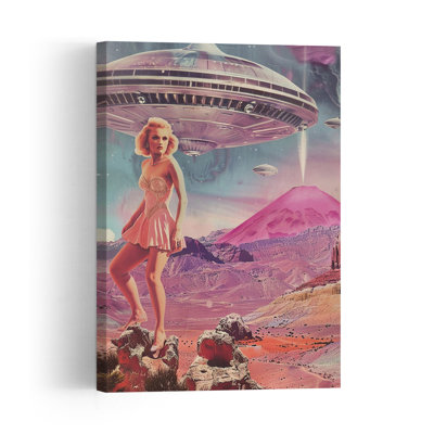 Glamour On A Pink Planet Retro Surreal Vintage Landscape Mountain Wall Art Print 1 Piece Wrapped Canvas Wall Art