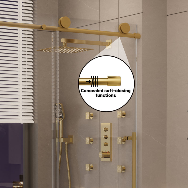 Brushed Gold Frameless Sliding Shower Door with Clear Tempered Glass, 48" x 76"