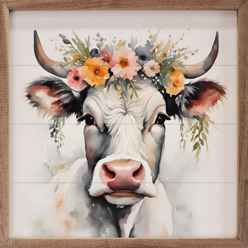 Vache blanche avec couronne de fleurs blanche encadrée sur bois, H 8 po x l 8 po