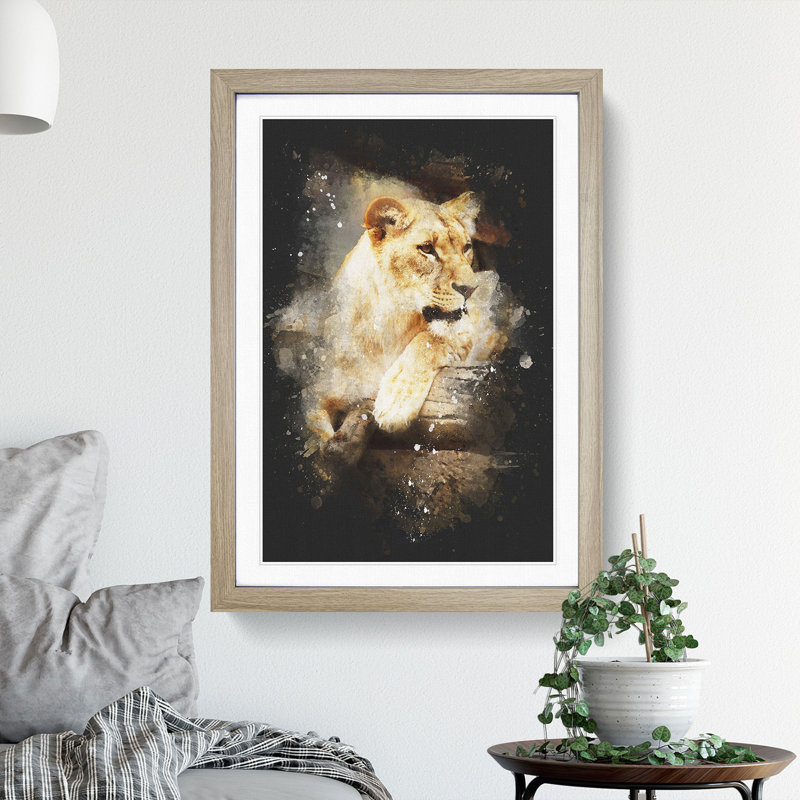 Lioness - Picture Frame Graphic Art, 65cm H x 48cm W x 2cm D, Oak Framed