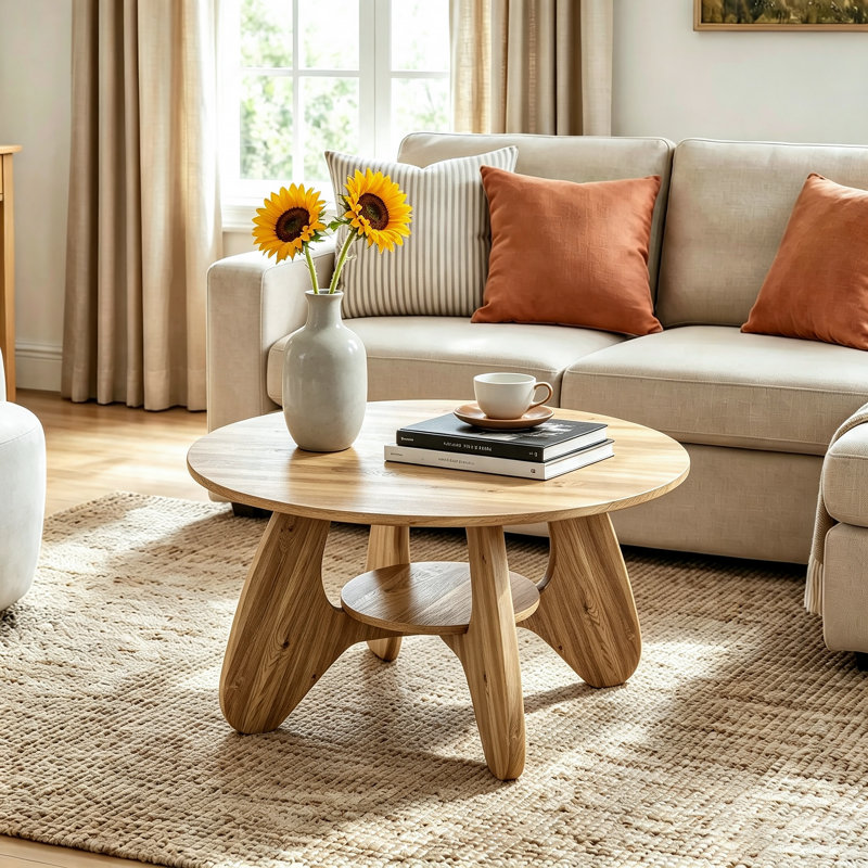 31.5" Circle Coffee Table for Living Room, 2-Tier Wood Accent Center Table with Open Storage, Oak