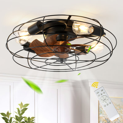 20" Black Industrial Flush Mount Ceiling Fan with Light and Remote Metal Caged Shade 6-speed DC Motor for Bedroom