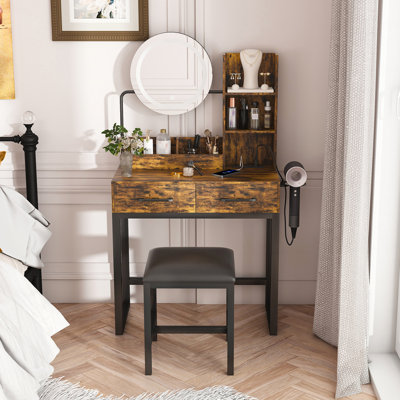Makeup Vanity with LED Lights&3 Color and Power Outlet Makeup Vanity Table with 2 big Drawers with Sturdy Metal Leg and Metal Chair Dressing Table
