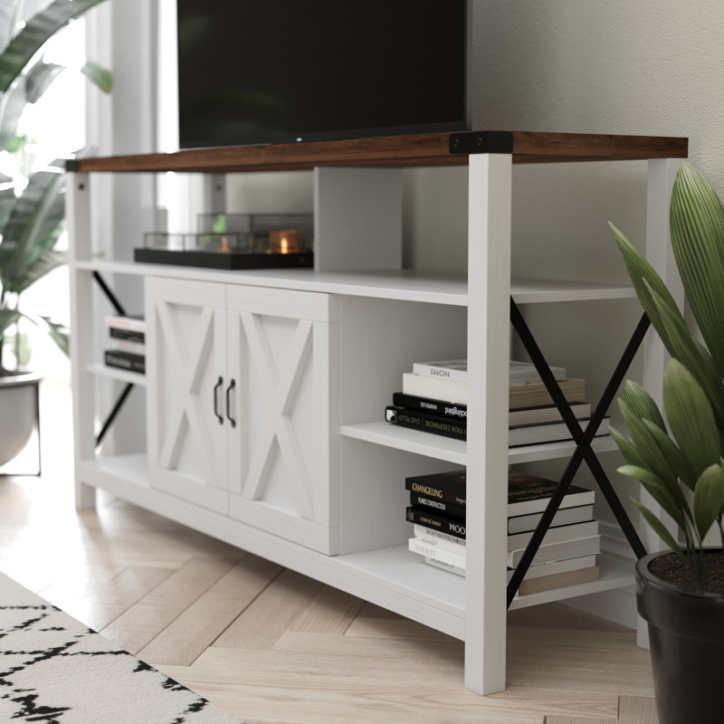 60" Modern Farmhouse Tall TV Console Cabinet with Storage Cabinets and Shelves for TV's up to 60", White/Oak