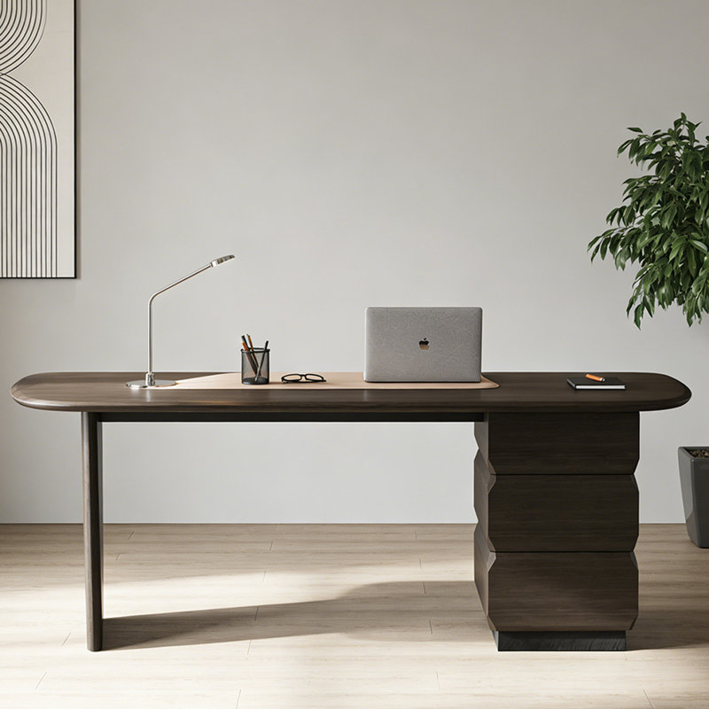 Nut-brown + Beige Curved Manufactured Wood with 3 drawers desk, 29.53" H x 70.87" W x 27.56" D