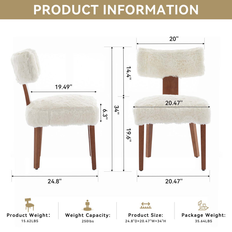 Set of 2 Modern Armless Dining Chairs with Curved Backrest, Fur Fabric, and Solid Wooden Legs for Elegant Seating