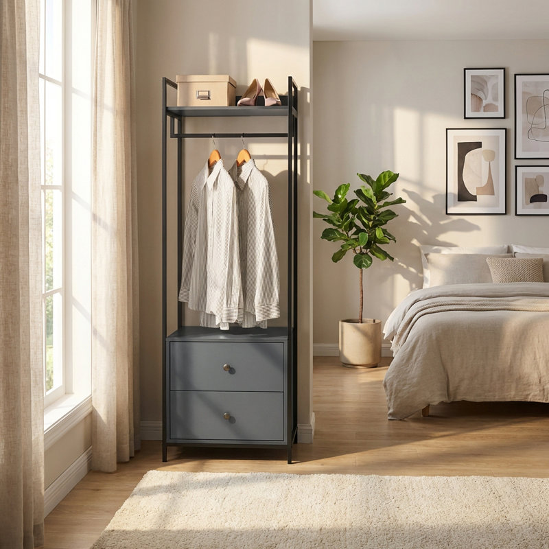 Alva Open Wardrobe with 2 Drawers, Dark Grey