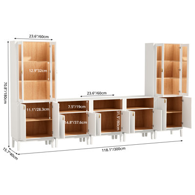  118" W White Modular Entertainment Center & Display Cabinet with LED Lights, Glass Doors, Brass-Colored Hardware & Genuine Leather Pulls, Fits TVs Up to 75"