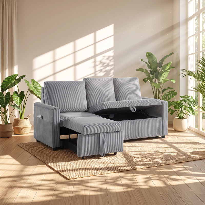 Canapé-lit gigogne simple Relax en velours côtelé avec méridienne de rangement, dimensions : 178 cm (L) x 76 cm (P) x 89 cm (H).