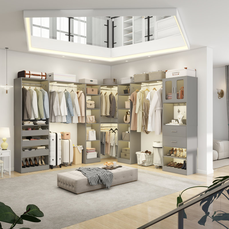 120" × 39“ Closet System With Door And Wooden Drawers(Adjustable Width), Gray