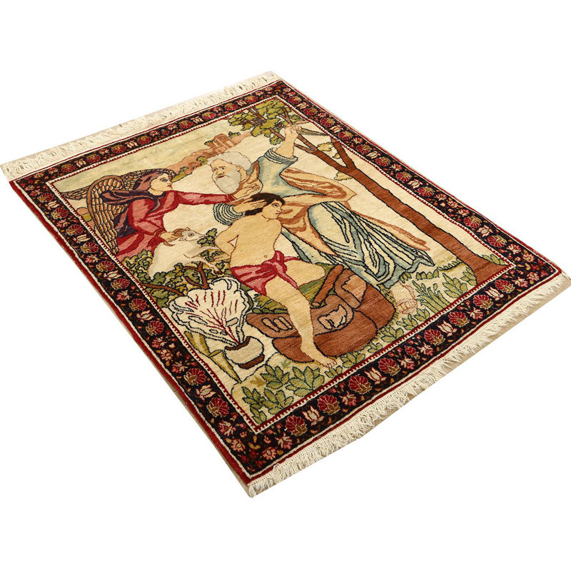 Paire de tapis biblique persan antique vert / ivoire Kerman
