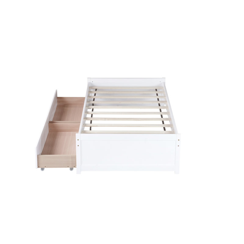 Lit simple en bois d'hévéa massif blanc avec 2 tiroirs, mouvement de tiroir fluide, bois de construction, structure stable, grande capacité de rangement