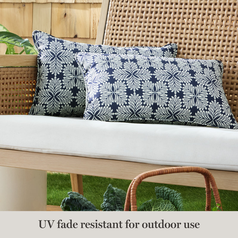 MARTHA STEWART Tulum Indoor Outdoor Lumbar Pillow 2-Pack Set, 18", 18"H x 11"W, Navy Blue, Rectangle
