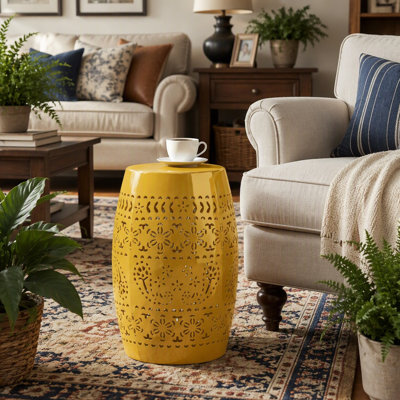 Ruby 12" Metal Outdoor Side Table, Yellow Cutout Floral Pattern Accent Table, Weather Resistant Iron End Table for Patio, Balcony, Garden, Living Room