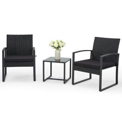  3 Piece Patio Bistro Rattan Chair With Cushions And Coffee Table Set