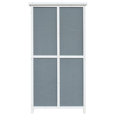 Remise de rangement de 54 pouces en gris et blanc à deux tons, porte sécurisée pour un accès et une protection faciles, coussins d'extérieur à 5 compartiments blancs 54 po, toit incliné à partir de débris, 3 tablettes créant des zones