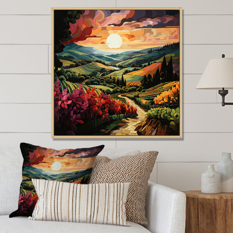 «Vineyard Sunset Rows Of Ruby Landscape I», reproduction sur toile, H 36 po x l 36 po x P 1,5 po, Cadre naturel flottant